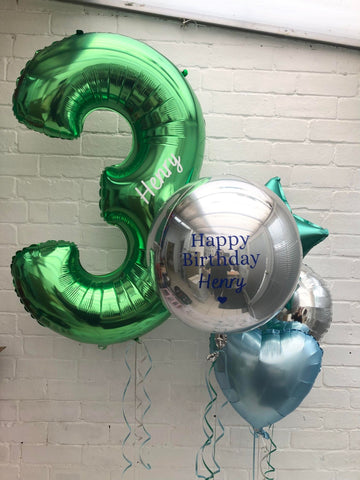 1 x Personalised 40" Green Number, 1 x Personalised 15" Silver Orbz and Bunch of 3 Foils