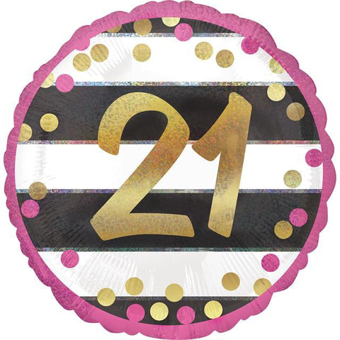 Pink, Gold and Black Striped 21st Birthday Foil Balloon | S40