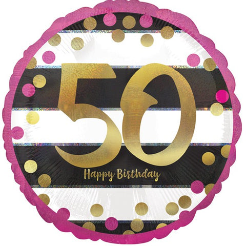 Pink, Gold and Black Striped 50th Birthday Foil Balloon | S40