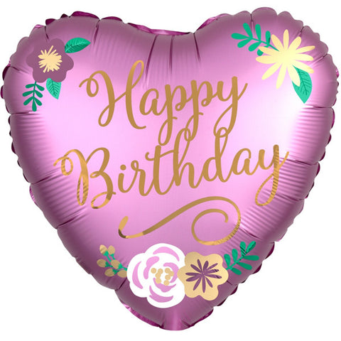 Pink Satin Flowers Birthday Foil Balloon  | 18" | S40
