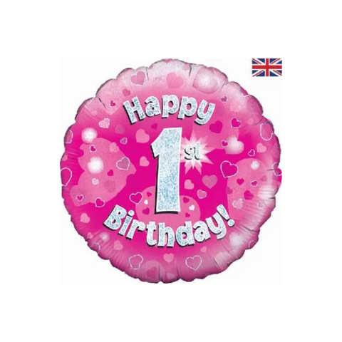 1st Birthday Holographic Pink Foil Balloon | 18"