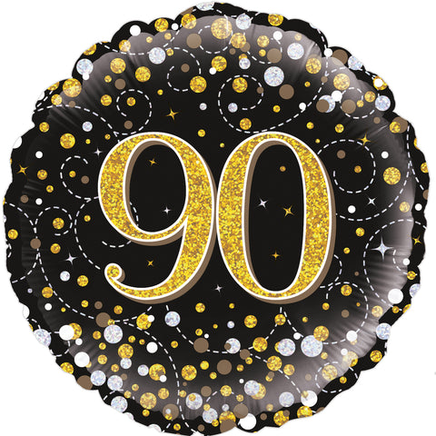 Sparkling Fizz 90th Birthday Black & Gold Holographic Foil Balloon  | 18" | S40