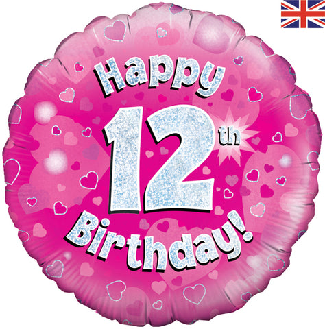 12th Birthday Holographic Pink Foil Balloon | 18"