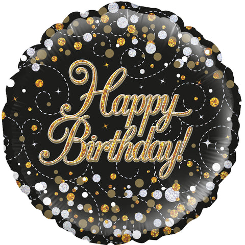 Sparkling Fizz Happy Birthday Black & Gold Holographic Foil Balloon  | 18" | S40