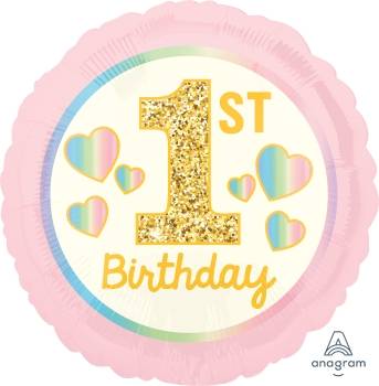 1st Birthday Pink & Gold Hearts Foil Balloon | 18"