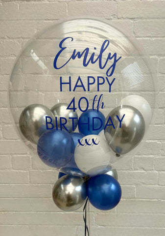 Blue & Silver Stuffed Bubble | Metallic Sapphire, Silver & White with Blue Message