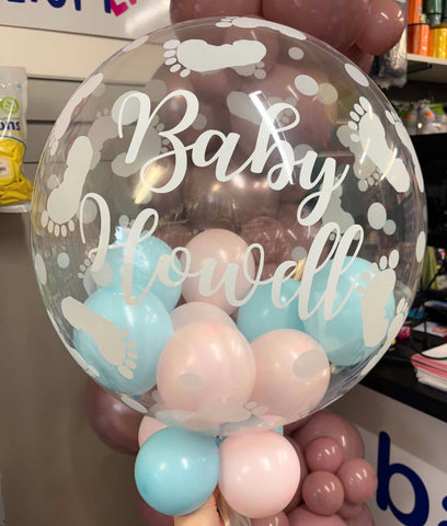 Pink & Blue Stuffed Footprints Bubble | Ice Blue & Soft Pink with White Message