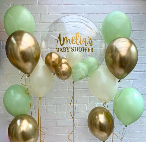 Light Green & Gold Stuffed Bubble | Kiwi Cream, Gold & Cream with Gold Message