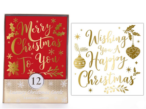 Pack of 12 Christmas Cards - Red & Gold Merry Christmas