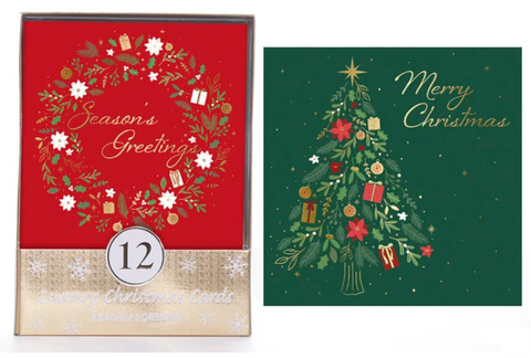 Pack of 12 Christmas Cards - Red & Green Christmas Icons