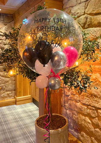 Pink, Black & Silver Stuffed Bubble | Soft Pink, Fuchsia, Black & Glossy Silver with Black Message