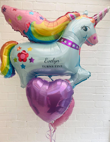 Personalised Unicorn with 2 x Plain Heart Foil Bunch