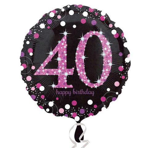 40th Happy Birthday Pink and Black Foil Balloon | 18"