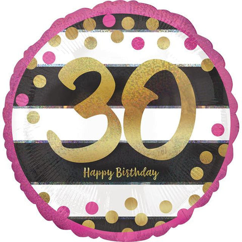 Pink, Gold and Black Striped 30th Birthday Foil Balloon | S40