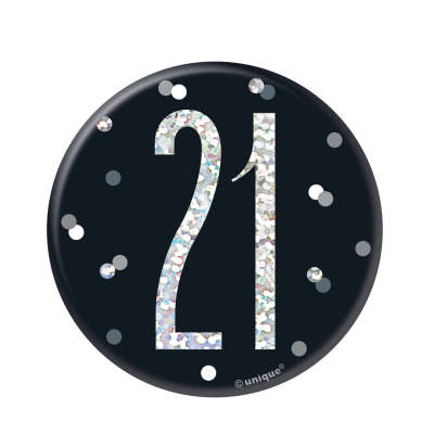 Black & Silver 21 | Birthday Badge | 8cm