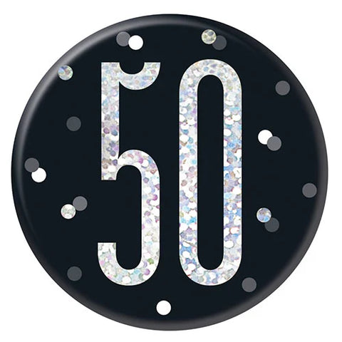 Black & Silver 50 | Birthday Badge | 8cm