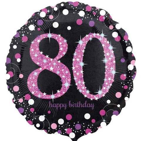 80th Happy Birthday Pink and Black Foil Balloon | 18"