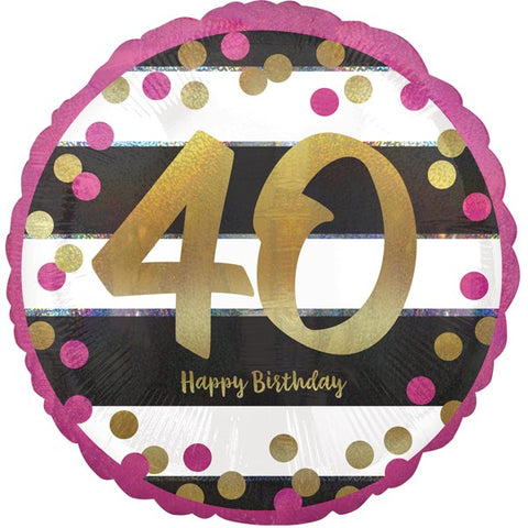 Pink, Gold and Black Striped 40th Birthday Foil Balloon | S40